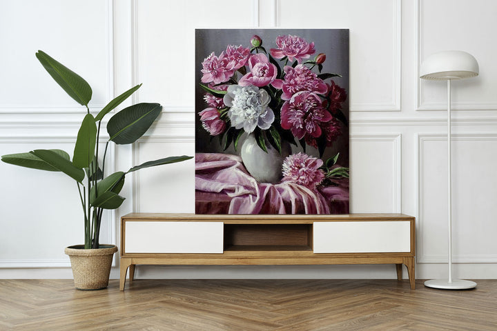 Paint By Numbers - Elegant Still Life: Vibrant Pink Peonies Overflowing In A White Vase - Framed- 40x50cm - Arterium 