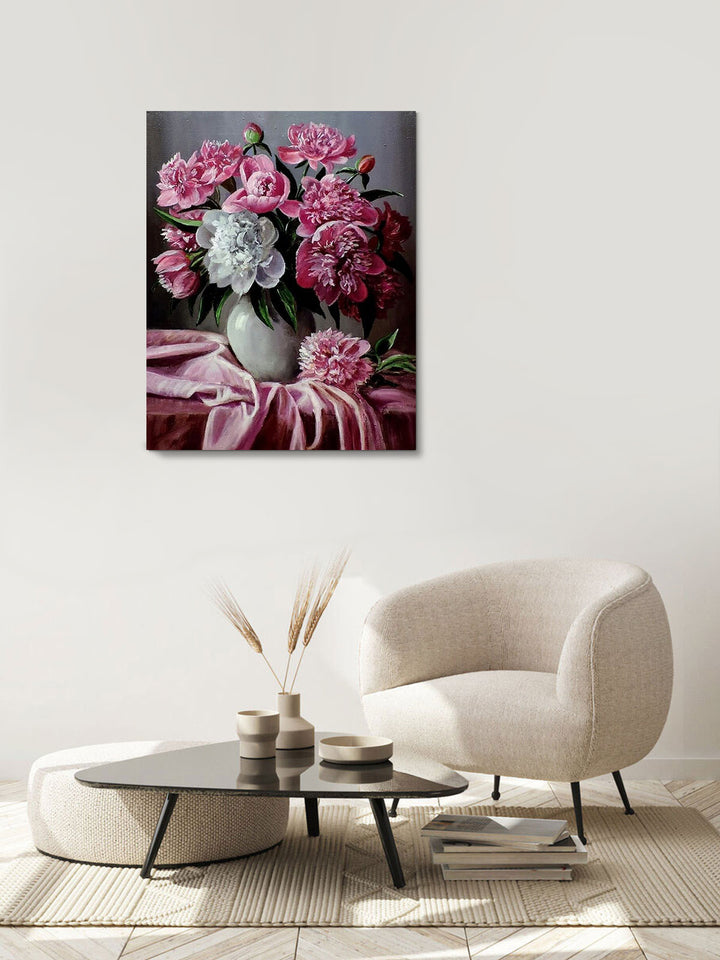 Paint By Numbers - Elegant Still Life: Vibrant Pink Peonies Overflowing In A White Vase - Framed- 40x50cm - Arterium 