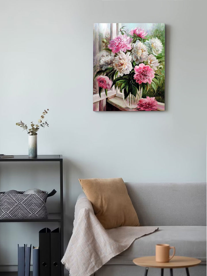 Paint By Numbers - Exquisite Still Life: White Vase With Stripes, Peonies, And Soft Window Light - Framed- 40x50cm - Arterium 