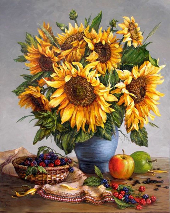 Paint By Numbers - Painting Of Sunflowers In A Blue Vase - Framed- 40x50cm - Arterium 