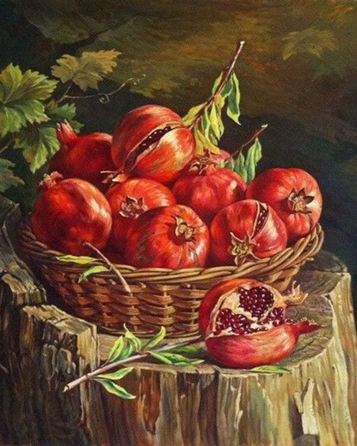 Paint By Numbers - Basket Of Pomegranates On A Tree Stump - Framed- 40x50cm - Arterium 