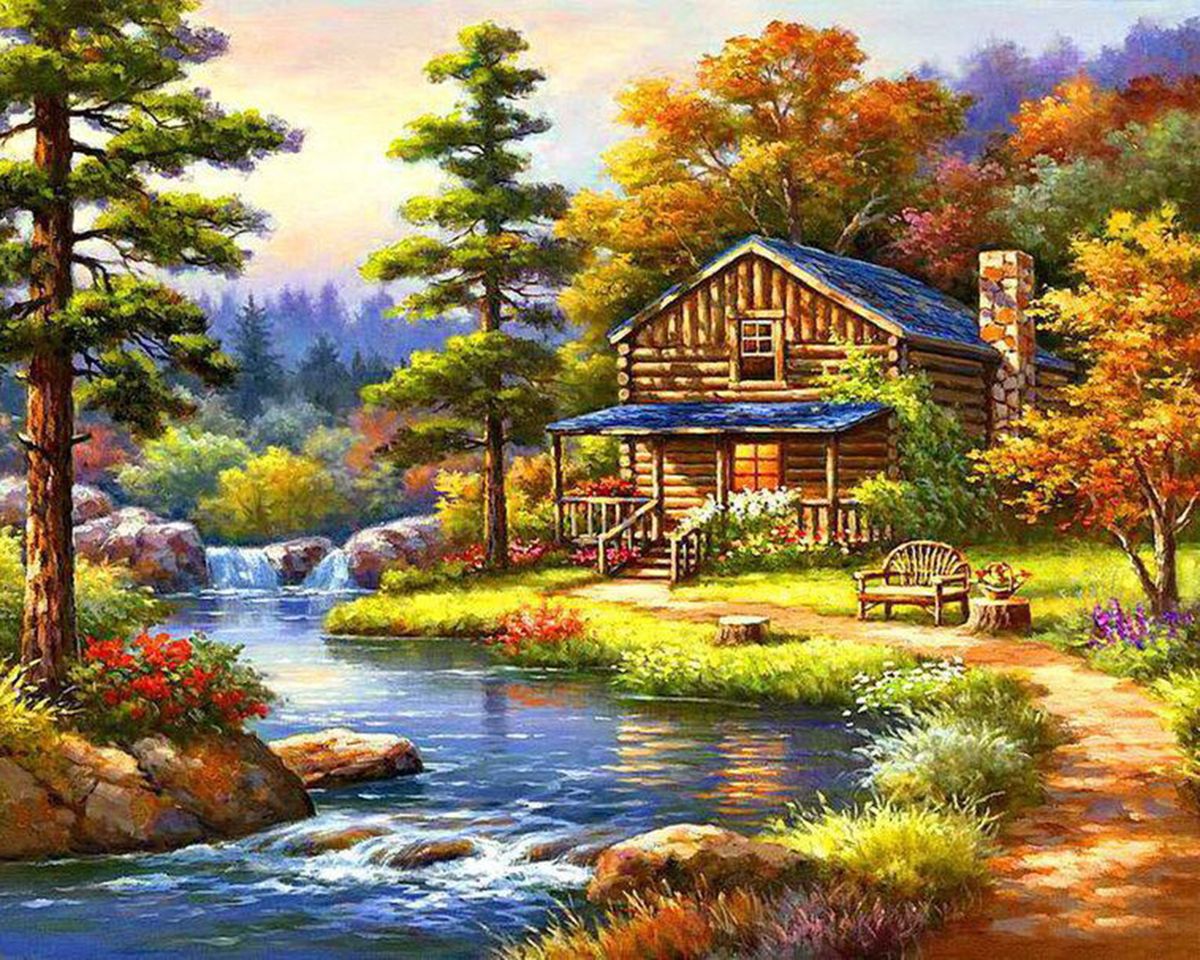 Paint By Numbers - Painting Of A House By A River - Framed- 40x50cm - Arterium 