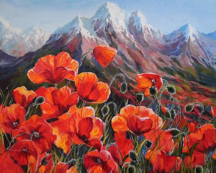 Paint By Numbers - Red Flowers And Mountains - Framed- 40x50cm - Arterium 
