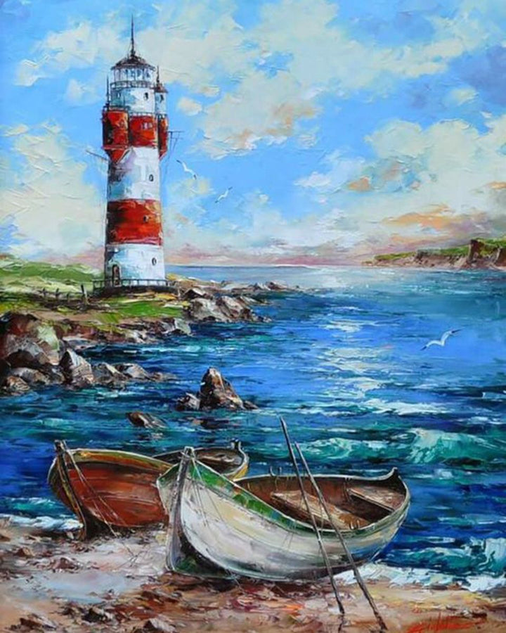 Paint By Numbers - Lighthouse And Boats On A Beach - Framed- 40x50cm - Arterium 