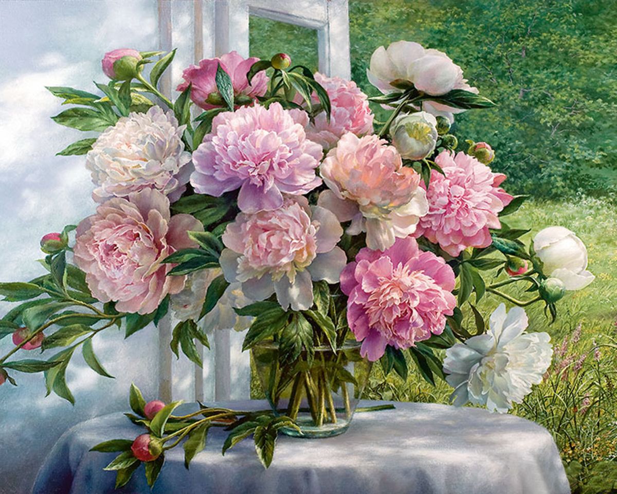 Paint By Numbers - Pink And White Flowers At The Window - Framed- 40x50cm - Arterium 