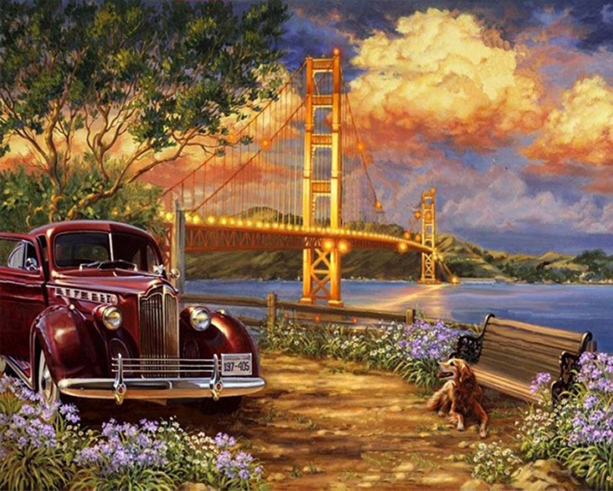 Paint By Numbers - Old Car And A Bridge At Sunset - Framed- 40x50cm - Arterium 