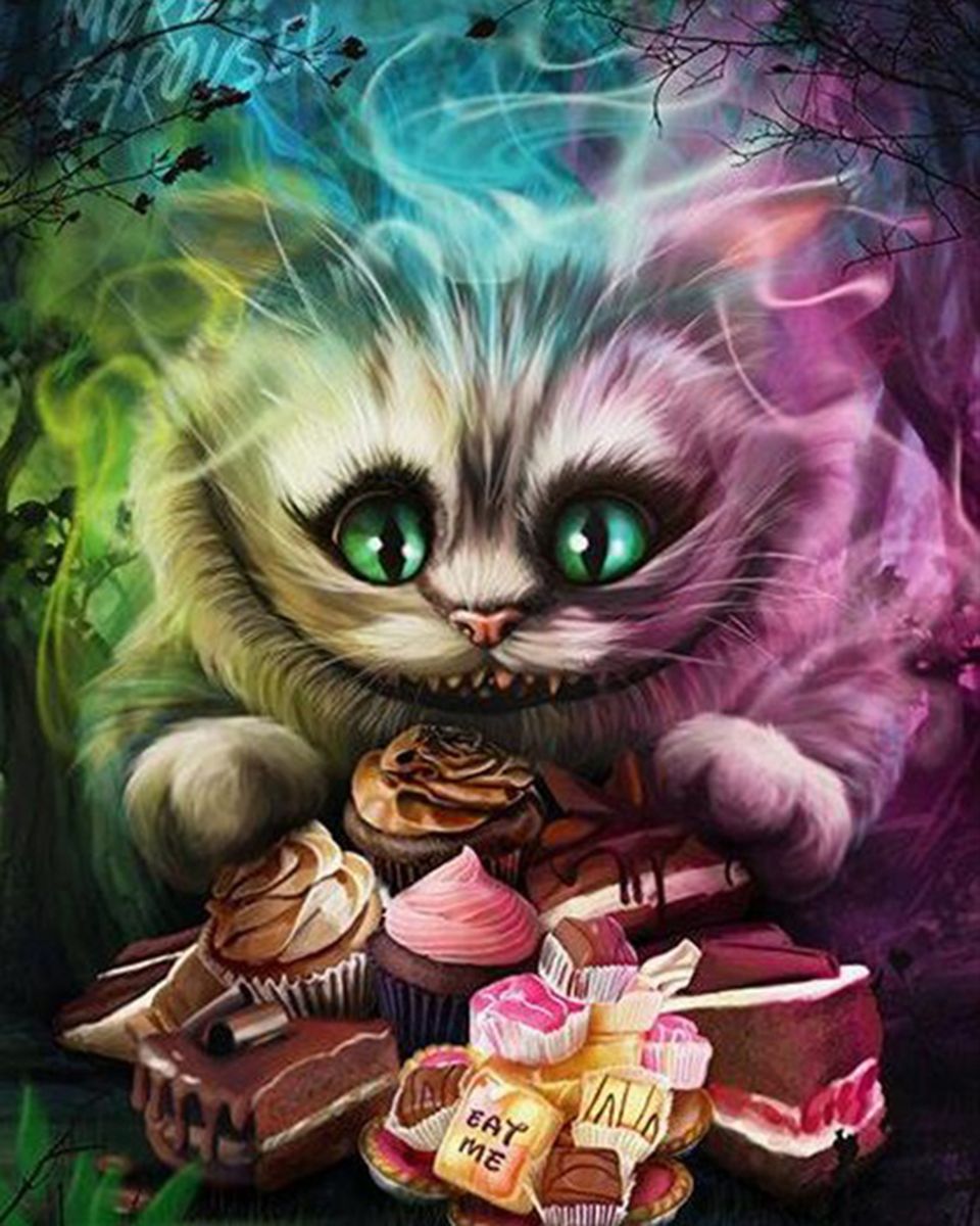 Paint By Numbers - Whimsical Cheshire Cat Surrounded By Sweet Treats In Dreamy Image - Framed- 40x50cm - Arterium 