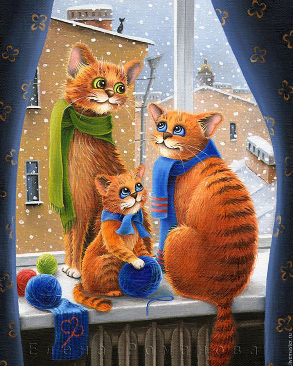 Paint By Numbers - Ginger Cat Family On Snowy Windowsill - Framed- 40x50cm - Arterium 