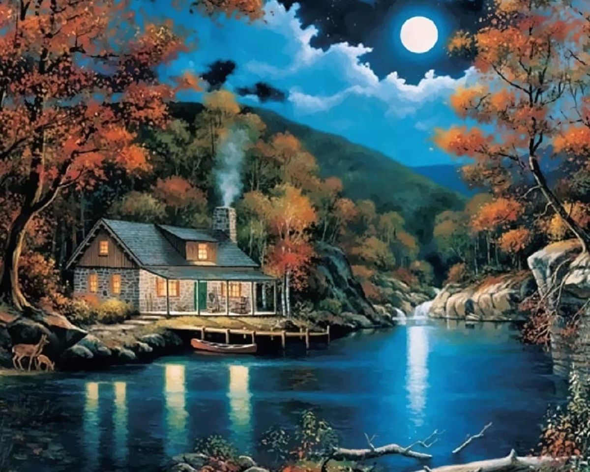 Paint By Numbers - Enchanting Moonlit Waterscape: Serene Night Scene With Vibrant House, Boat, And Reflections - Framed- 40x50cm - Arterium 