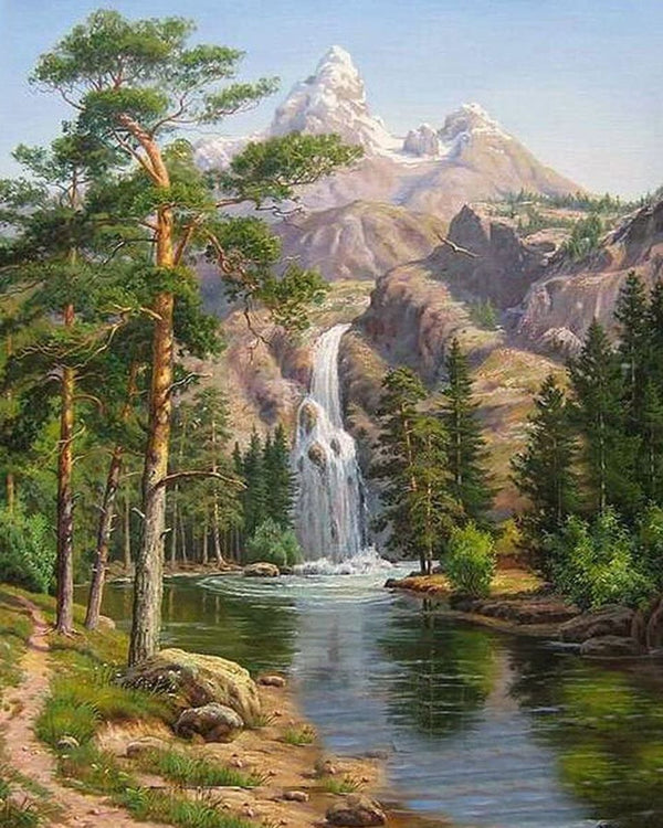 Paint By Numbers - Serene Mountain Landspace Painting With River, Trees, And Waterfall - Framed- 40x50cm - Arterium 