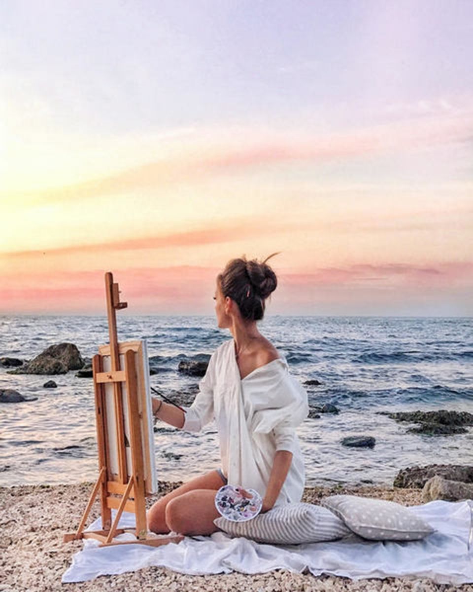 Paint By Numbers - Tranquil Sunset Beach Painting: Woman Captures Serene Seascape - Framed- 40x50cm - Arterium 