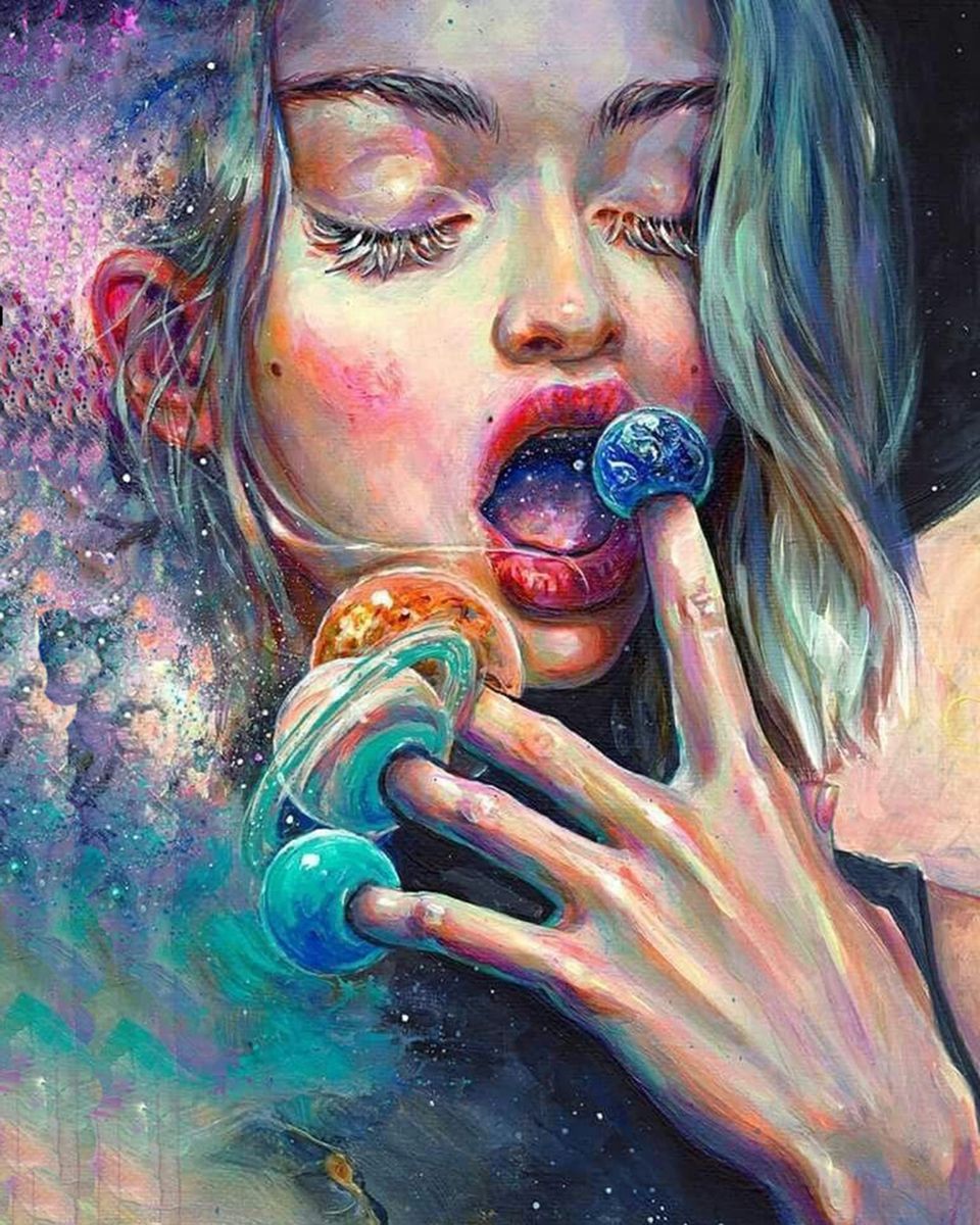 Paint By Numbers - Blonde Woman With Planet-Touched Finger: Celestial Lick In Outer Space - Framed- 40x50cm - Arterium 