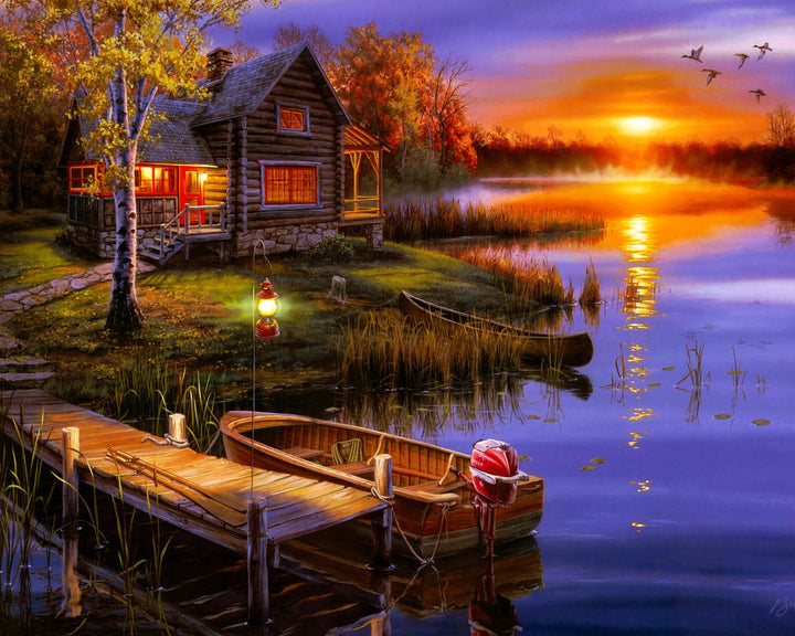 Paint By Numbers - Serene Sunset: Cabin On Island, Vibrant Sky, Tranquil Ambiance - Framed- 40x50cm - Arterium 