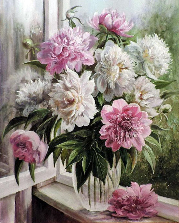 Paint By Numbers - Exquisite Still Life: White Vase With Stripes, Peonies, And Soft Window Light - Framed- 40x50cm - Arterium 