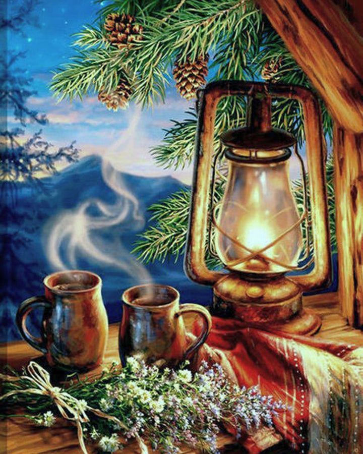 Paint By Numbers - Cozy Tea Time: Serene Still Life With Steaming Cups & Pine Branch - Framed- 40x50cm - Arterium 