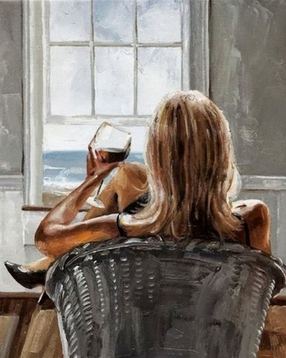 Paint By Numbers - Tranquil Kitchen Scene: Woman, Wine, And Sea View - Framed- 40x50cm - Arterium 