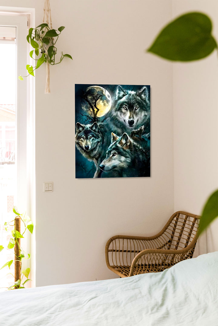 Paint By Numbers - Mystical Moonlit Wolves: A Captivating Painting Of Four Distinctive Canines In A Enigmatic Setting - Framed- 40x50cm - Arterium 