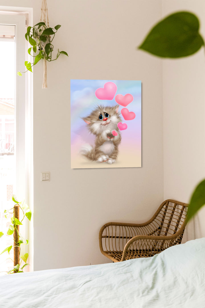 Paint By Numbers - Cartoon Kitten Holding Heart In Vibrant Pink And Blue Gradient Background - Framed- 40x50cm - Arterium 