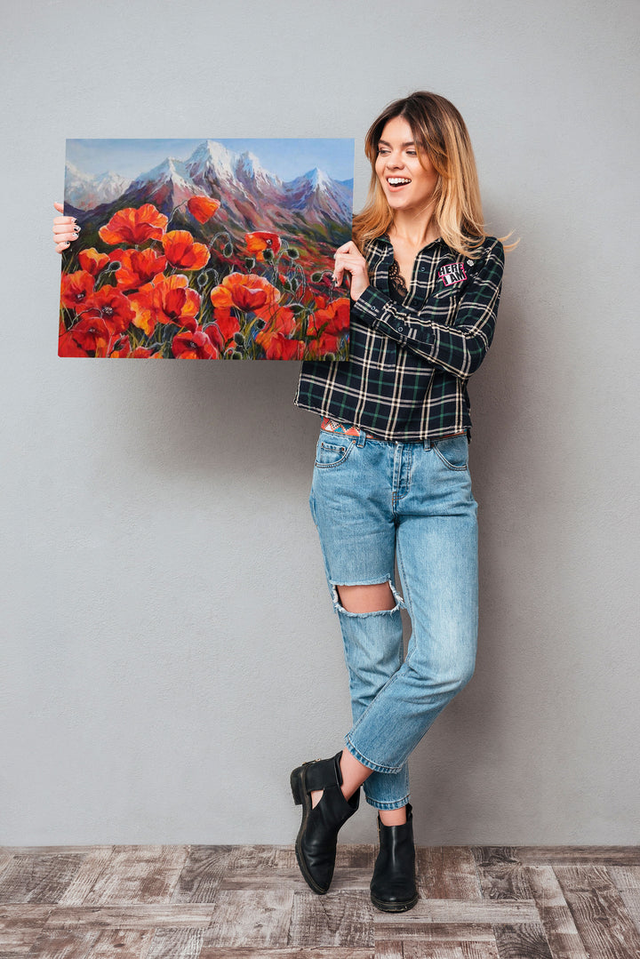 Paint By Numbers - Red Flowers And Mountains - Framed- 40x50cm - Arterium 