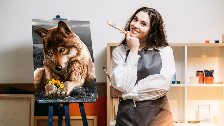 Paint By Numbers - Captivating Wolf Portrait With Flower: A Peaceful And Tender Depiction - Framed- 40x50cm - Arterium 