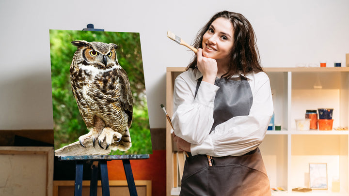 Paint By Numbers - Captivating Great Horned Owl In Serene Forest - Framed- 40x50cm - Arterium 