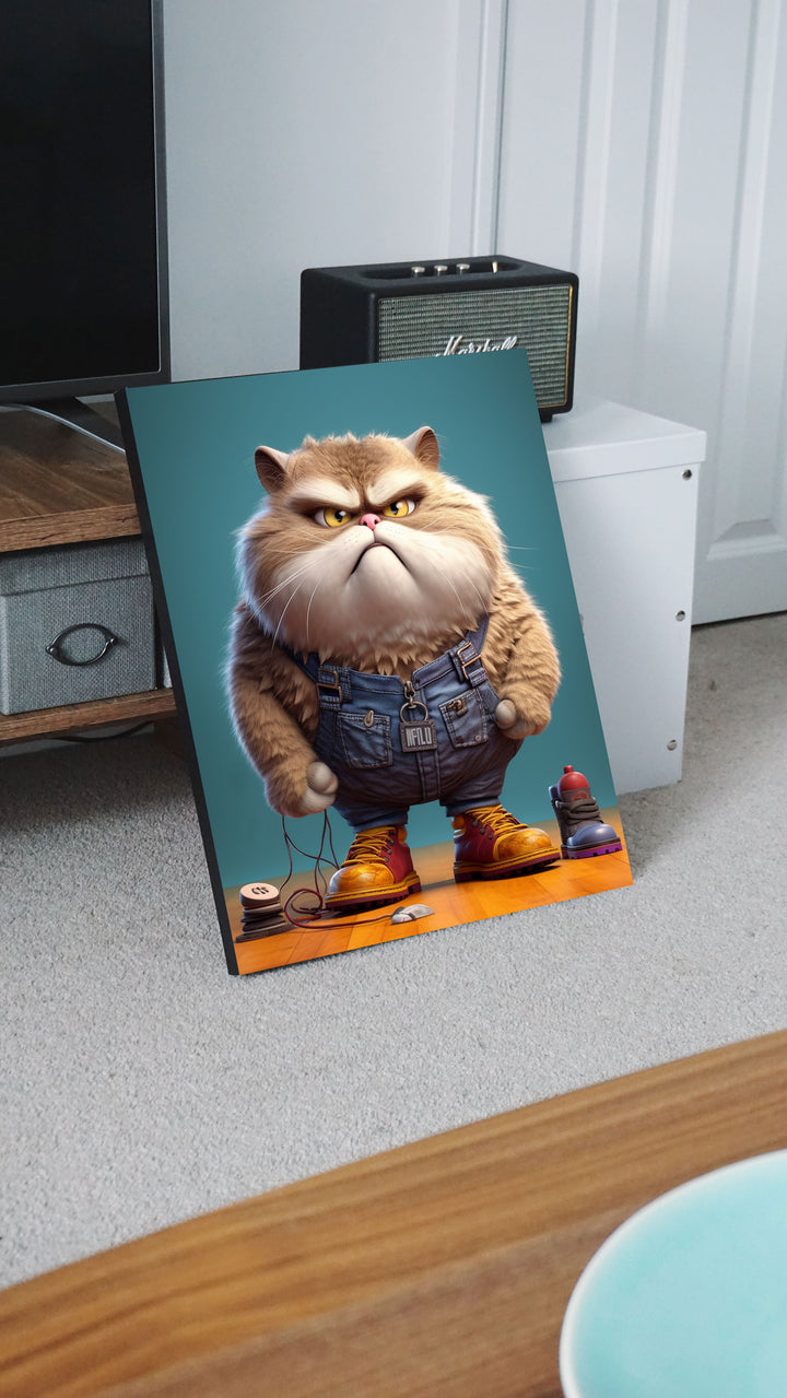 Paint By Numbers - Serious Fluffy Cartoon Cat In Blue Overalls: A Playful Illustration - Framed- 40x50cm - Arterium 