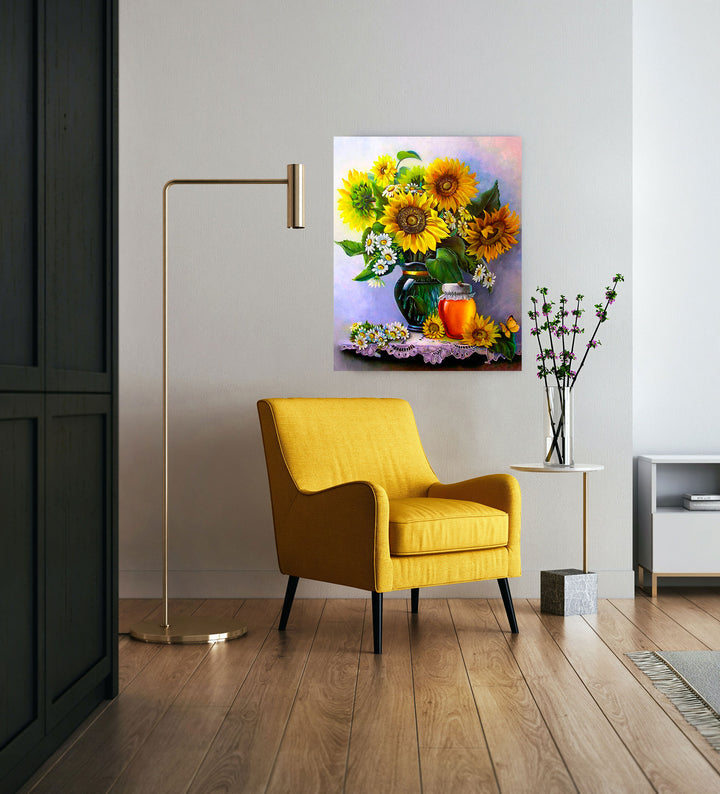 Paint By Numbers - Vibrant Floral Still Life: Sunflowers, Daisies, And Honey On Lace Tablecloth - Framed- 40x50cm - Arterium 