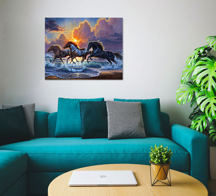 Paint By Numbers - Four Galloping Horses On Beach At Sunset - Framed- 40x50cm - Arterium 