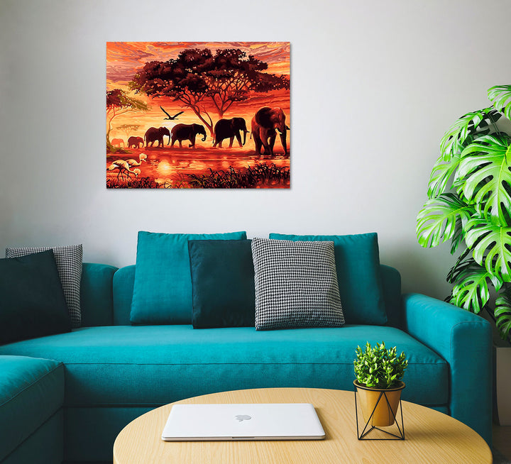 Paint By Numbers - Harmonious Elephant Parade In A Serene Field - Framed- 40x50cm - Arterium 