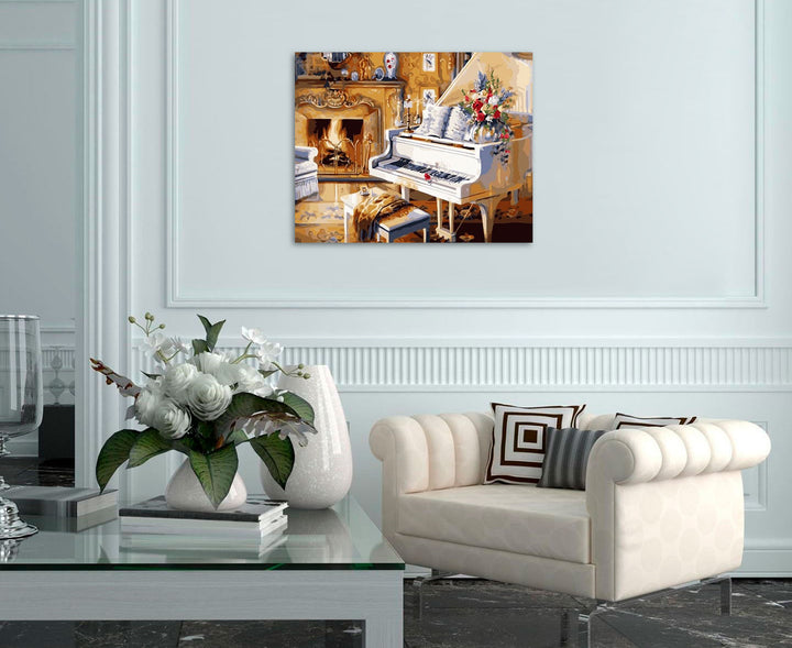 Paint By Numbers - White Piano And A Fireplace - Framed- 40x50cm - Arterium 