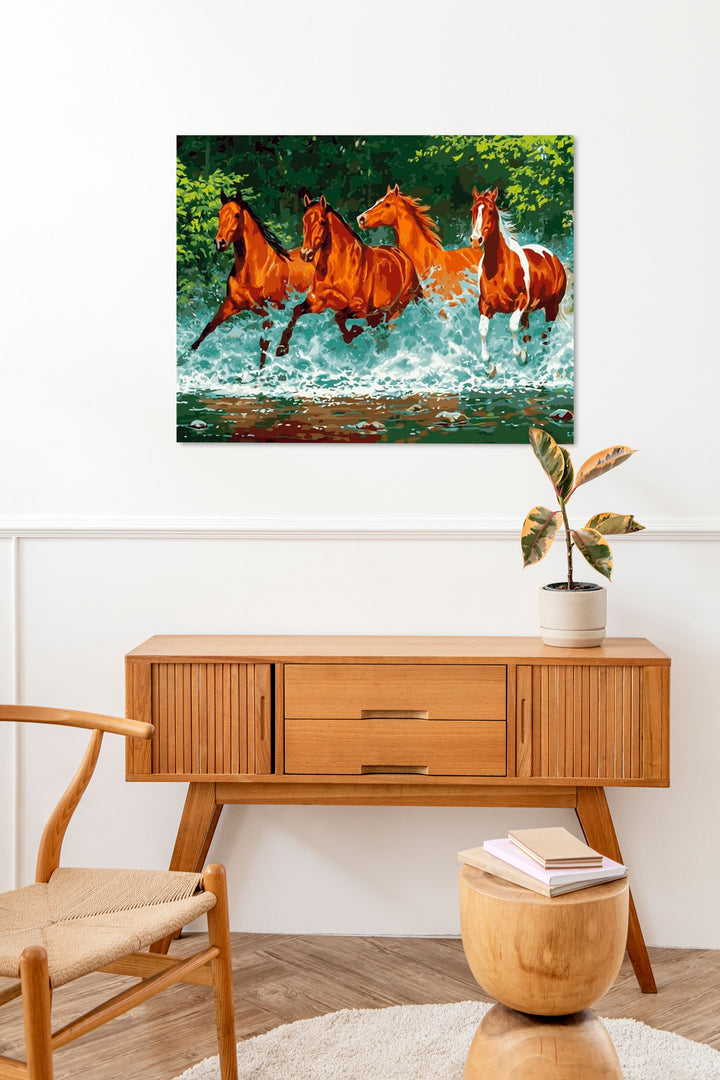 Paint By Numbers - Dynamic Equine Quartet: Majestic Galloping Horses In Motion - Framed- 40x50cm - Arterium 