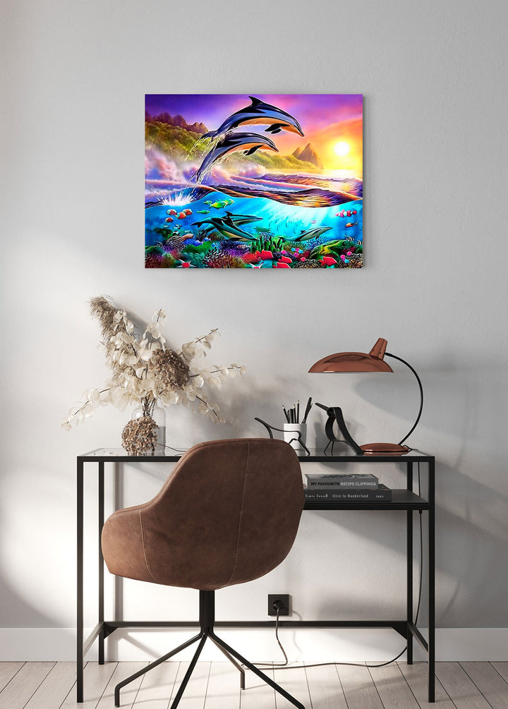 Paint By Numbers - Two Dolphins Jumping Out Of Water At Sunset - Framed- 40x50cm - Arterium 