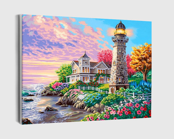 Paint By Numbers - House With A Lighthouse And Flowers - Framed- 40x50cm - Arterium 