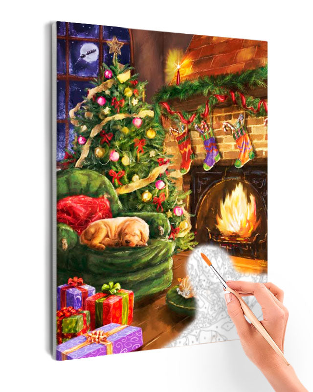 Paint By Numbers - Puppy Sleeping By Fierplace At Christmas - Framed- 40x50cm - Arterium 