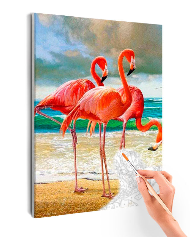 Paint By Numbers - Flamingos On Beach: Captivating Trio Amidst Ocean And Cloudy Sky - Framed- 40x50cm - Arterium 