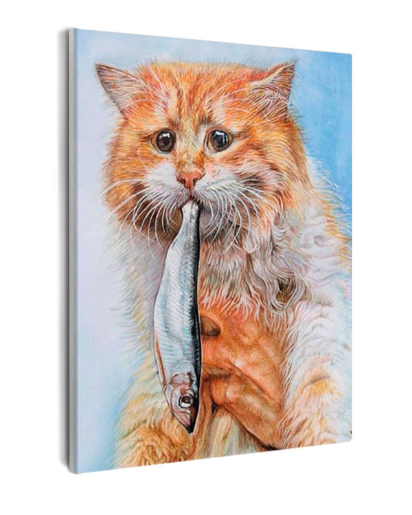Paint By Numbers - Striking Orange And White Cat With Fish - Framed- 40x50cm - Arterium 