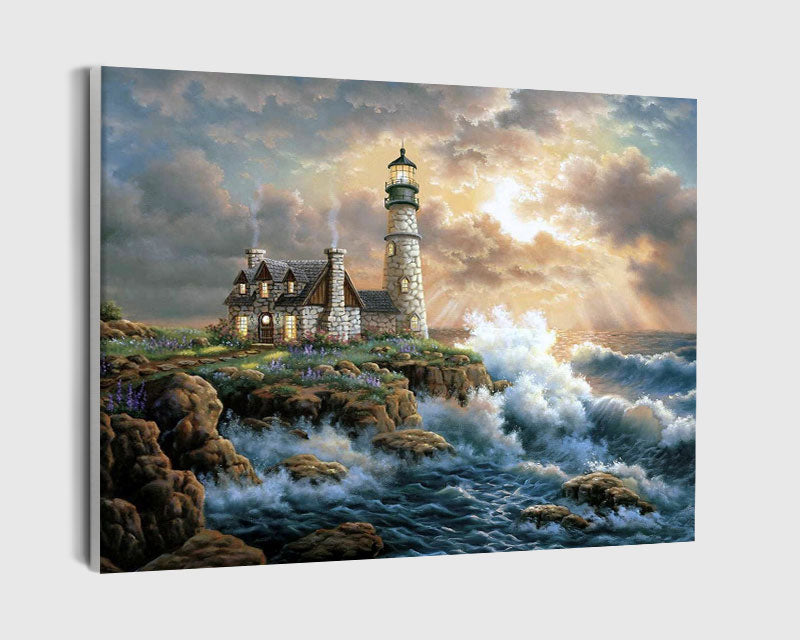 Paint By Numbers - Lighthouse On A Cliff With Waves Crashing On It - Framed- 40x50cm - Arterium 