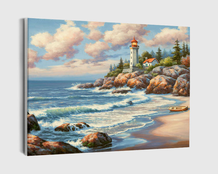 Paint By Numbers - Painting Of A Lighthouse On A Rocky Beach - Framed- 40x50cm - Arterium 