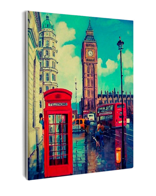 Paint By Numbers - London'S Iconic Rainy Day: Red Telephone Box, Big Ben, And Double-Decker Bus - Framed- 40x50cm - Arterium 