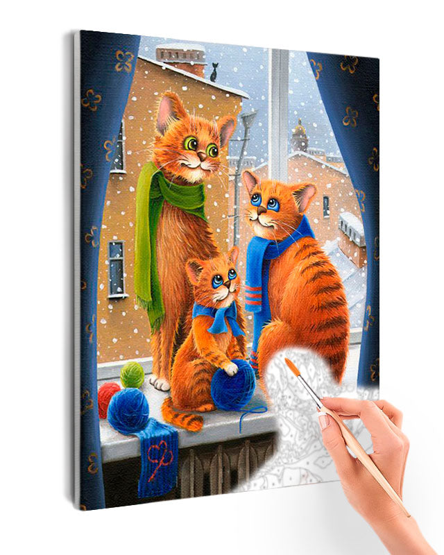 Paint By Numbers - Ginger Cat Family On Snowy Windowsill - Framed- 40x50cm - Arterium 