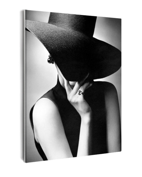Paint By Numbers - Mysterious Woman Adjusting Hat: Captivating Monochrome Portrait - Framed- 40x50cm - Arterium 