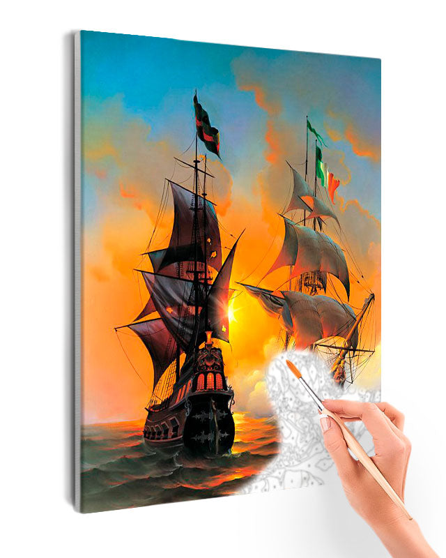 Paint By Numbers - High-Stakes Confrontation: Ancient Sailing Vessels In A Dramatic Naval Battle - Framed- 40x50cm - Arterium 