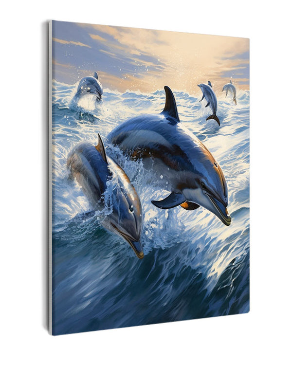 Paint By Numbers - Dolphins In Motion: Captivating Ocean Artwork With Dynamic Sky And Churning Waves - Framed- 40x50cm - Arterium 