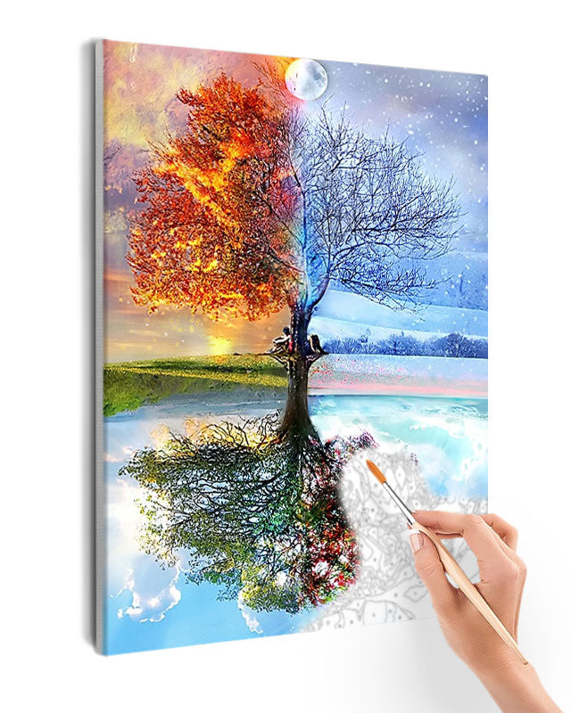 Paint By Numbers - Tree With Refelction In Four Different Colours - Framed- 40x50cm - Arterium 