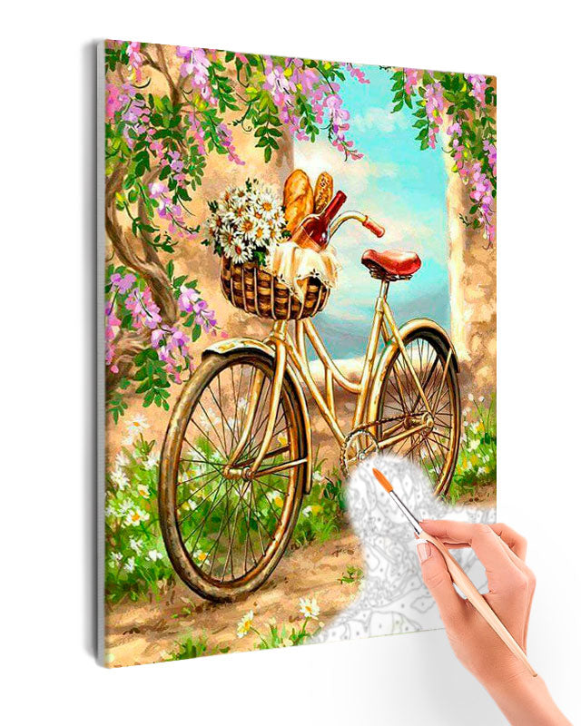 Paint By Numbers - Bicycle With A Basket Full Of Food And Bread - Framed- 40x50cm - Arterium 
