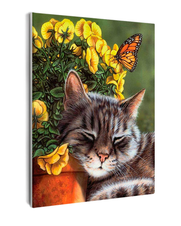Paint By Numbers - Grey Cat Is Sleepling Next To Yellow Flowers - Framed- 40x50cm - Arterium 