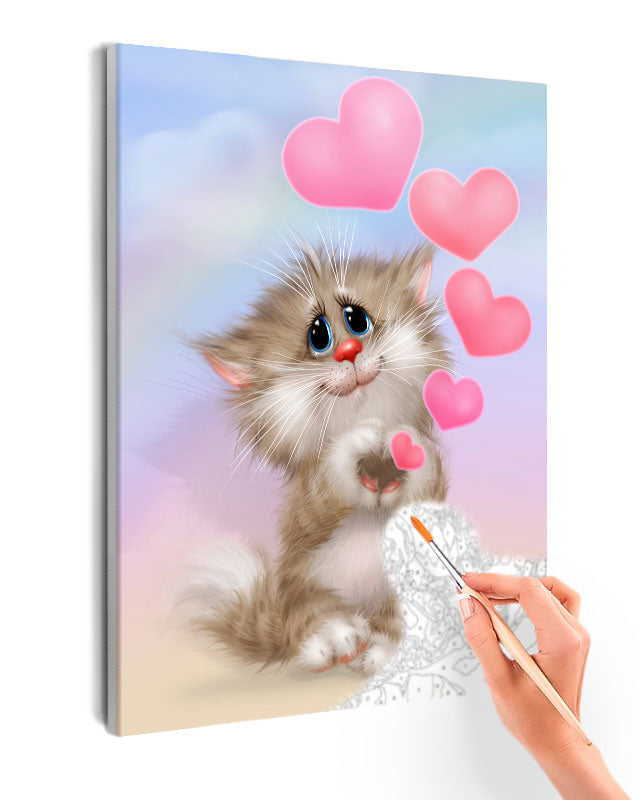 Paint By Numbers - Cartoon Kitten Holding Heart In Vibrant Pink And Blue Gradient Background - Framed- 40x50cm - Arterium 