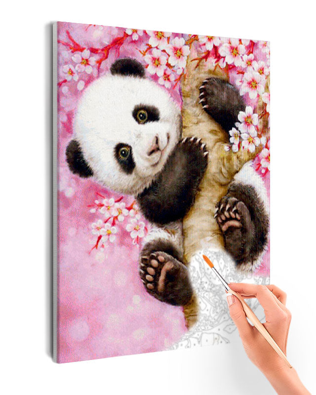 Paint By Numbers - Enchanting Black And White Panda Handing From Blossoming Cherry Tree - Framed- 40x50cm - Arterium 