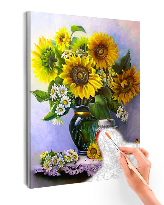 Paint By Numbers - Vibrant Floral Still Life: Sunflowers, Daisies, And Honey On Lace Tablecloth - Framed- 40x50cm - Arterium 