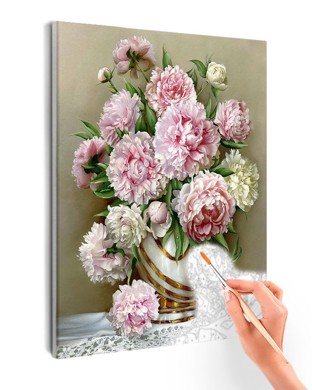Paint By Numbers - Delicate Floral Still Life: Golden Vase With Pink Peonies And Roses On White Tablecloth - Framed- 40x50cm - Arterium 